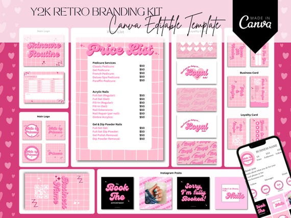 Beauty Branding Kit Canva, Pink Retro Branding Kit, DIY Logo Set, Price List, Business Card, Voucher, Instagram Post Flyer, Lash, Nail, Hair
