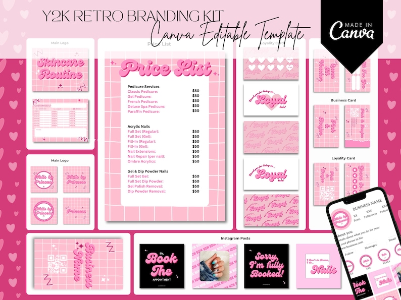 May include: A pink and black Y2K retro branding kit for a nail salon. The kit includes a price list, business card, loyalty card, Instagram posts, and a main logo. The text on the price list includes services such as pedicures, acrylic nails, and gel and dip powder nails. The business card and loyalty card feature the text "Royal Nails". The Instagram posts include images of nails and the text "Book The Appointment", "Sorry I'm fully booked!" and "Nails".
