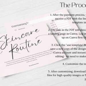 May include: A pink and white printable skincare routine template with the text "CUSTOMISED for MORNING Skincare Routine". The image also includes a description of the process for using the template, which includes purchasing the template, receiving a PDF with a link to the template in Canva, and customizing the template.