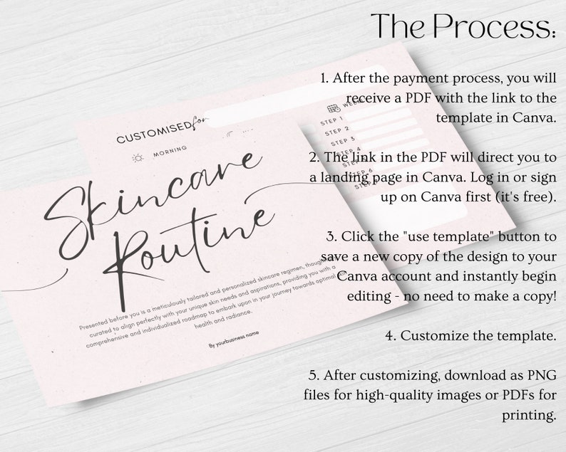 May include: A pink and white printable skincare routine template with the text "CUSTOMISED for MORNING Skincare Routine". The image also includes a description of the process for using the template, which includes purchasing the template, receiving a PDF with a link to the template in Canva, and customizing the template.