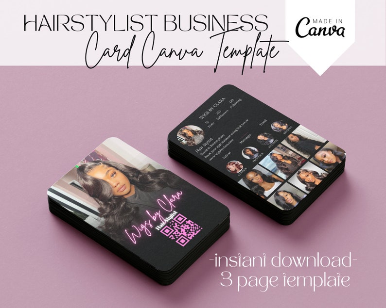 Op de afbeelding: Een zwart-witte visitekaartjesjabloon voor een kapper. De kaart toont een foto van een vrouw met lang zwart haar, de tekst "Wigs by Clara" en een QR-code. De kaart bevat ook de tekst "Hair Stylist" en "Boek uw afspraak via de onderstaande link".
