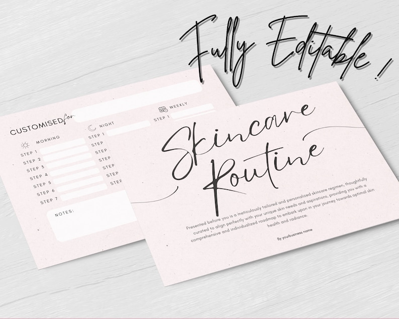 May include: A printable skincare routine planner with sections for morning, night, and weekly routines. The planner has a pink background with black text and icons. The text "Skincare Routine" is written in a cursive font.