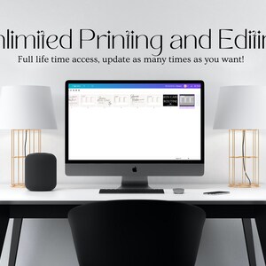 May include: A computer screen displaying a website with the text "Unlimited Printing and Editing" and "Full life time access, update as many times as you want!" The screen shows a preview of a digital product with the text "Skin Care Routine". The computer is on a white desk with two lamps and a black speaker.
