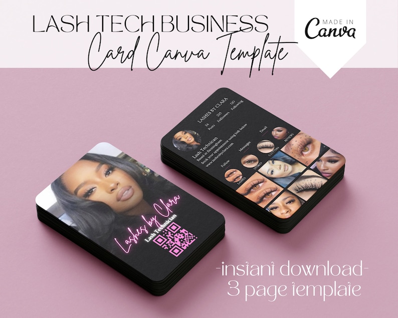 May include: A black business card template for a lash technician. The card features a photo of a woman with long eyelashes, the text "Lashes by Clara", and a QR code. The text "Lash Technician" is also included. The card is designed to be used for marketing and advertising lash services.