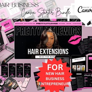 Op de afbeelding: Een Canva Starter Bundle voor nieuwe haarondernemers. De bundel bevat een verscheidenheid aan sjablonen voor sociale media, marketingmaterialen en meer. De sjablonen hebben een roze en zwarte kleurstelling met de tekst "PRETTYLITTLEWIGS" en "HAIR EXTENSIONS".