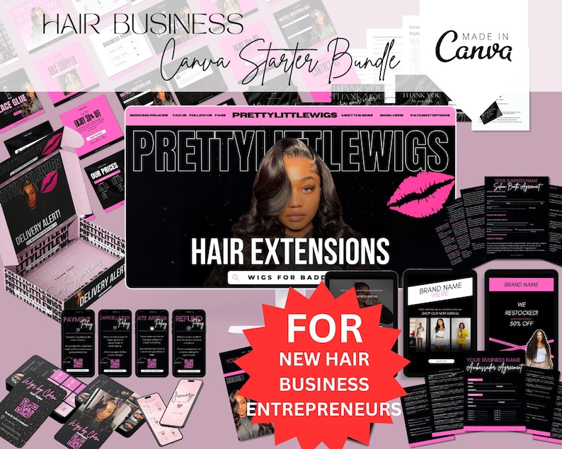 Op de afbeelding: Een Canva Starter Bundle voor nieuwe haarondernemers. De bundel bevat een verscheidenheid aan sjablonen voor sociale media, marketingmaterialen en meer. De sjablonen hebben een roze en zwarte kleurstelling met de tekst "PRETTYLITTLEWIGS" en "HAIR EXTENSIONS".