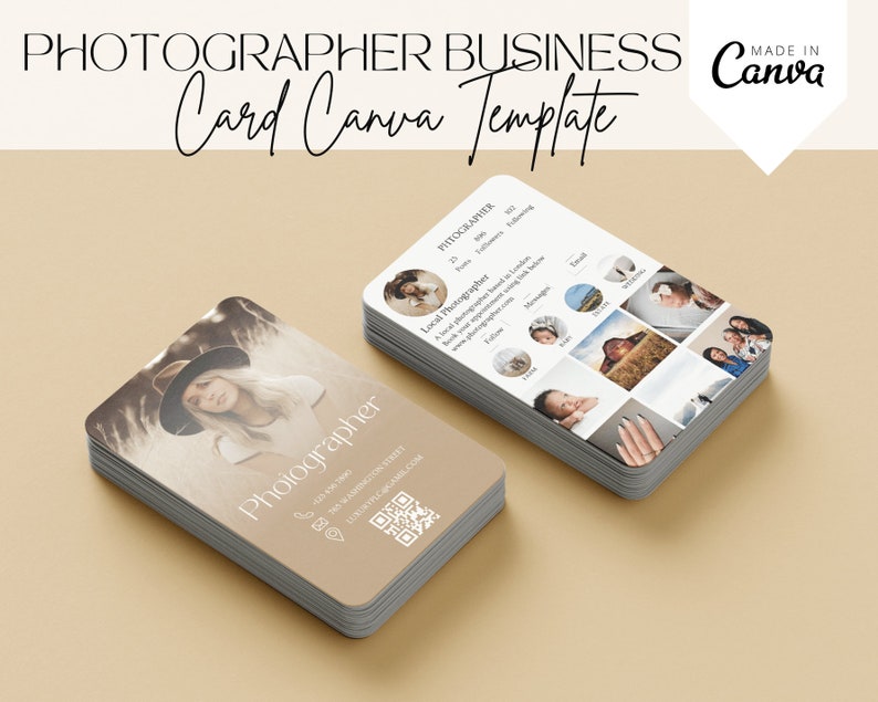 Carte de visite Instagram 2025 du photographe, photographe de cartes de visite Canva DIY, carte de visite avec code QR, cartes d'influence, modèle IG Canva image 1