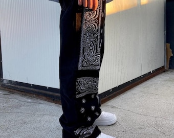 Jeans With Bandana Tied On Leg Baggy Fit Bandanna Patchwork
