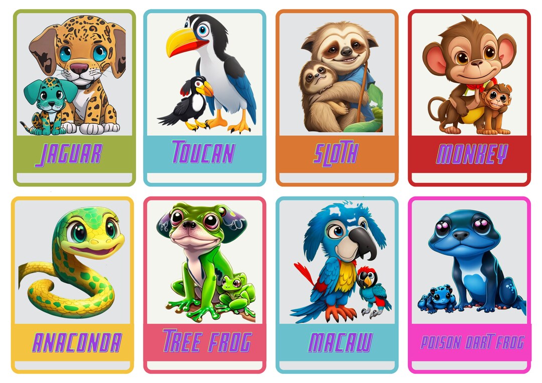 Printable Rainforest Animals Flashcards for Kids Can Color Etsy