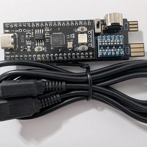 May include: A black printed circuit board featuring a central processor, multiple pin headers, a USB-C port, and a blue component module. The board includes two gold-plated USB-A connectors at one end and is paired with a long black USB cable.