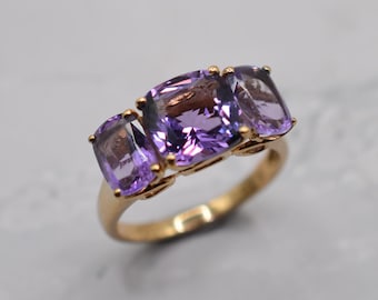 Chunky Y2K 9ct Gold Amethyst Trilogy Ring, UK Size K (US Size 5 1/4)