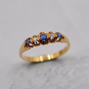 Antique 1920s 18ct Gold Sapphire & Diamond Five-Stone Ring, UK Size Q (US Size 8)