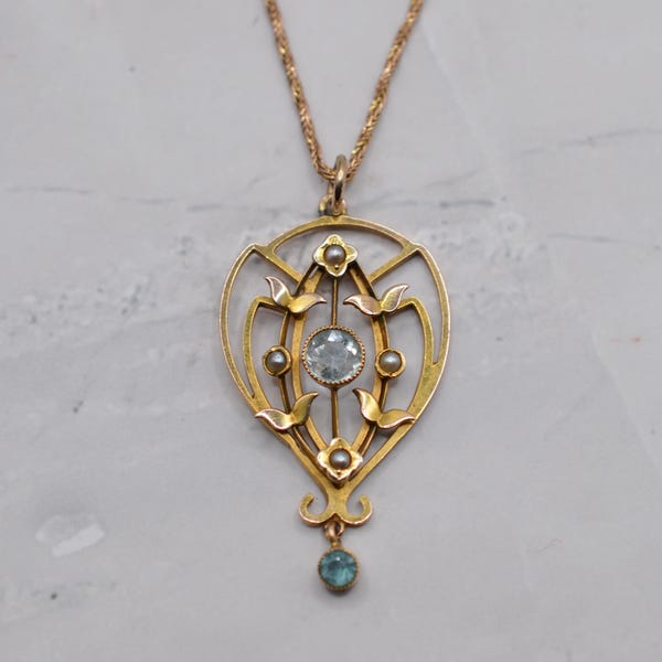 Antique Art Nouveau Heavy 9ct Gold Aquamarine, Pearl & Paste Pendant Necklace (18")