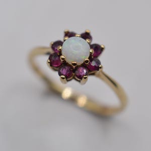1970s Vintage 9ct Gold Opal & Ruby Cluster Ring, UK Size L (US Size 5 3/4)