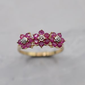 9ct Gold Ruby & Diamond Triple Floral Cluster Ring, UK Size P (US Size 7 1/2)