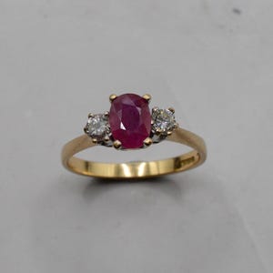 18ct Gold Ruby & Diamond Trilogy Ring, UK Size N (US Size 6 3/4)