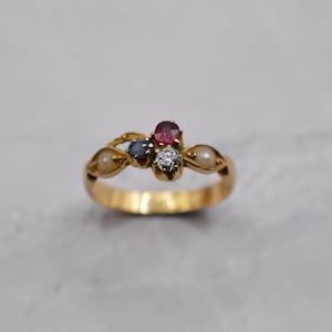 1876 Antique Victorian 18ct Gold Ruby, Sapphire, Diamond & Pearl Ring, UK Size M 1/2 (US Size 6 1/2)