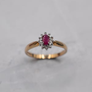 Vintage 9ct Gold Ruby & Diamond Cluster Ring, UK Size P 1/2 (US Size 8)