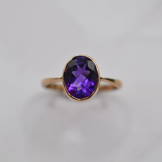 1990s Vintage 9ct Gold Amethyst Bezel-Set Ring, UK Si… - Gem