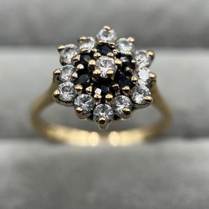 Vintage 1980s 9ct Gold Sapphire & CZ Cluster Ring, UK Size O (US Size 7)