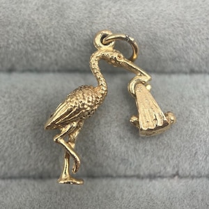 1970s Vintage 9ct Gold Stork Delivering Baby Charm