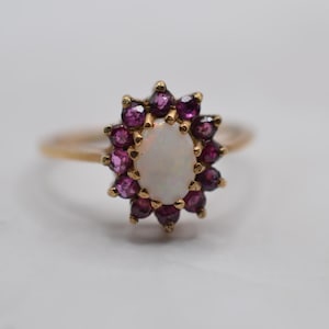 1970s Vintage 9ct Gold Opal & Ruby Cluster Ring, UK Size Q (US Size 8 1/4)