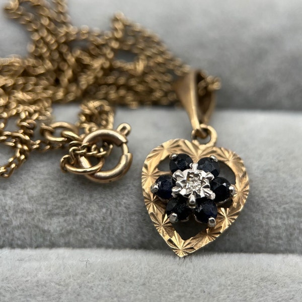 Vintage 9ct Gold Sapphire & Diamond Heart Pendant Necklace, 16-Inch Chain -- Retro 1970s Jewellery