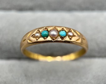 Anillo gitano eduardiano antiguo de oro de 15 quilates con turquesa y perla, talla del Reino Unido M 1/2 (talla de EE. UU. 6,75)