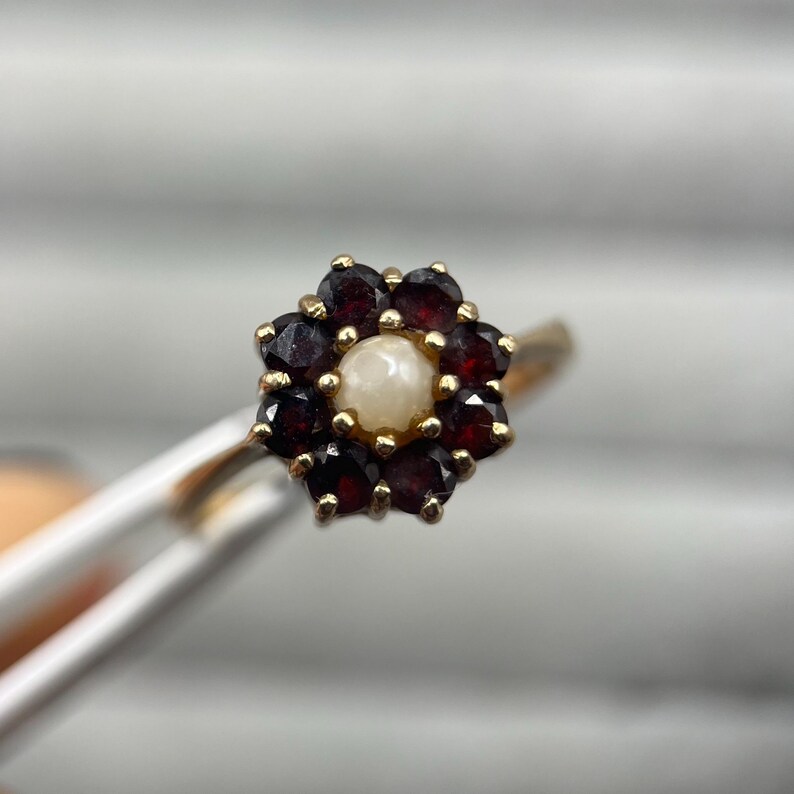 Vintage 9ct Gold & Seed Pearl Floral Cluster Ring, UK Size L 1/2