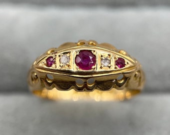 Antique 18ct Gold Ruby & Diamond Ring, UK Size L (US Size 5.75) -- 1910s Gipsy Ring / Boat Ring