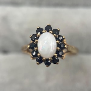 Vintage 9ct Gold Opal & Sapphire Cluster Ring, UK Size K (US Size 5 1/4)