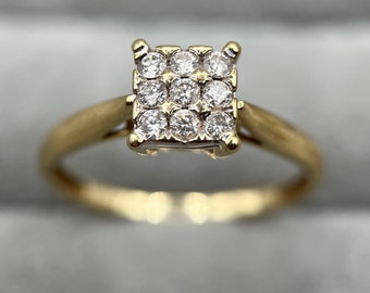 9ct Gold Diamond Square Cluster Ring, UK Size O (US Size 7) -- O.20ct Diamonds