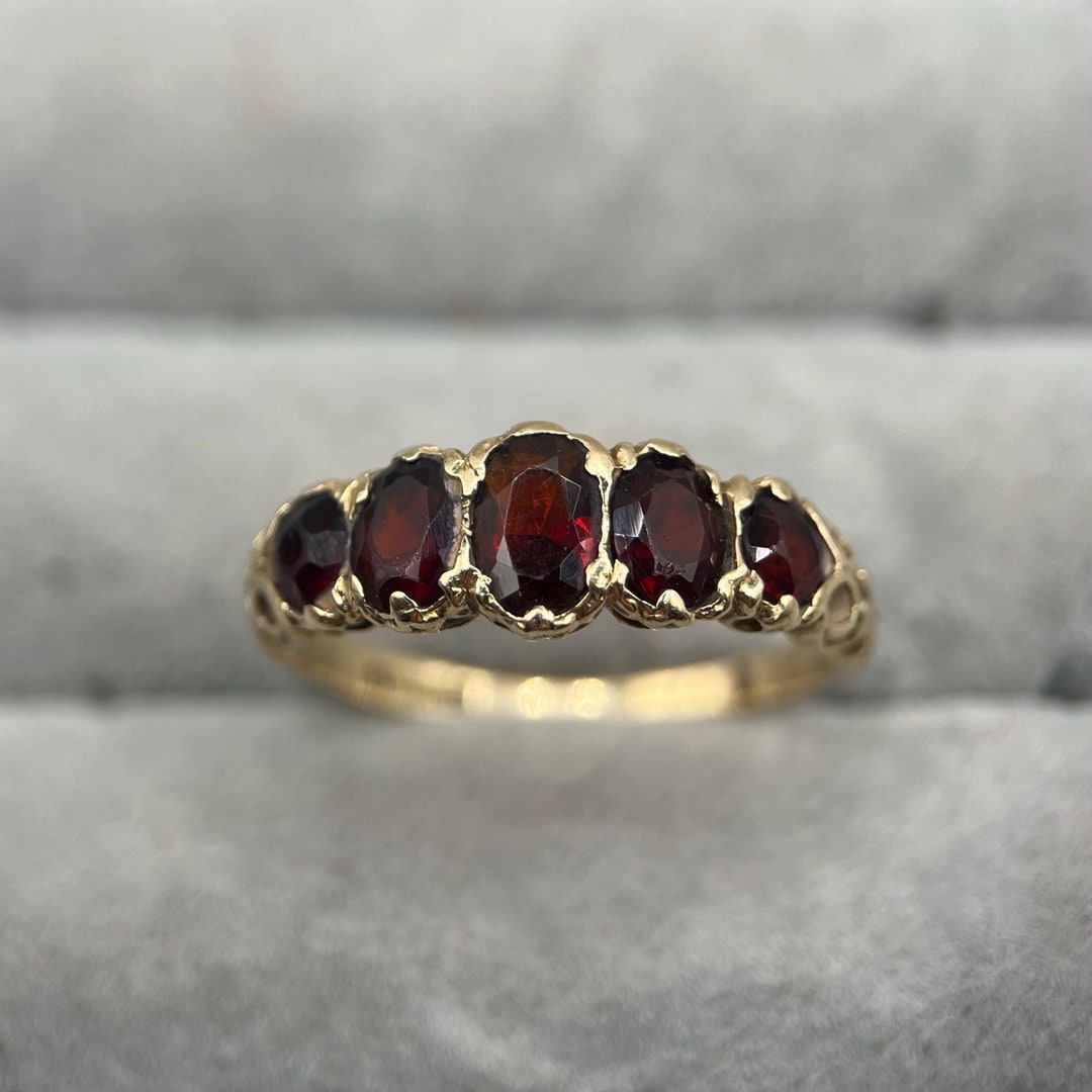 1980s Vintage 9ct Gold Garnet Five Stone Ring Uk Size P 1 2 Us Size 7