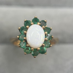 Chunky 1970s Vintage 9ct Gold Opal & Emerald Cluster Ring, UK Size L (US Size 5 3/4)