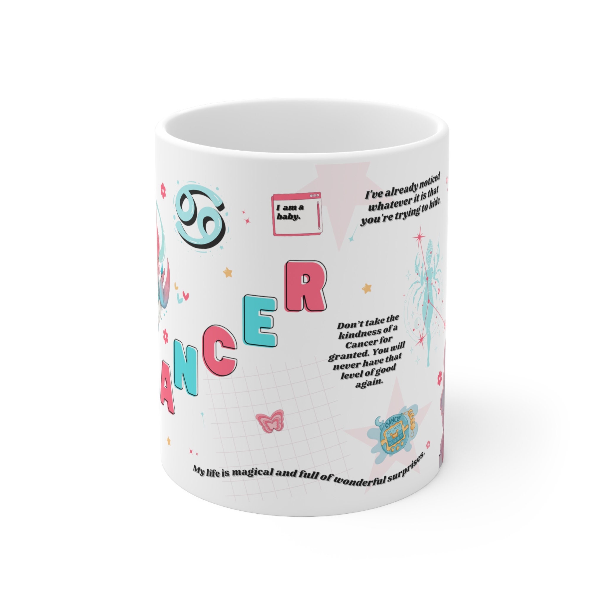 Cancer Zodiac Mug, Cute Astrology Art, July Birthday Present, Kitschy