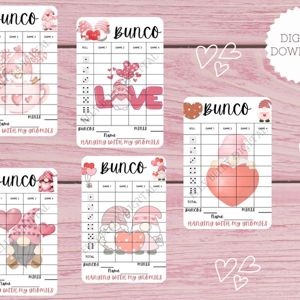 Valentine, Bunco Score Cards, Holiday Bunco, February, Valentine Bunco Party, Gnome Bunco Party, Dice Game