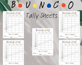 May include: Four printable scorecards for a game called "Bounco". Each card has a title, "The Sassy Roller", "The Bungo Boss", "The Funny One", and "The Late One". Each card has a grid with columns for "Roll", "Game 1", "Game 2", "Game 3", "Game 4", and "Total".