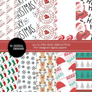 Christmas Digital Papers, Scrapbook, Backgrounds, Christmas Patterns, Commercial Use Digital paper