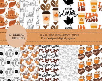 Digitaal papier herfstkoffie, Pumpkin Spice Latte, naadloos herfstpatroon (PNG, JPG)