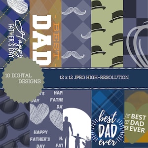 Puede incluir: Paquete de papel digital con 10 diseños con temas del Día del Padre. Los diseños incluyen un patrón de cuadros azules, un patrón de sombreros, un patrón de bigotes, un corazón con las palabras "Feliz Día del Padre", una silueta de un padre y un hijo, y las palabras "Mejor papá de todos".