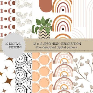 Boho Digital Papers, Boho Scrapbook Paper, Boho Backgrounds, Boho Patterns, Commercial Use Digital, Cute Boho