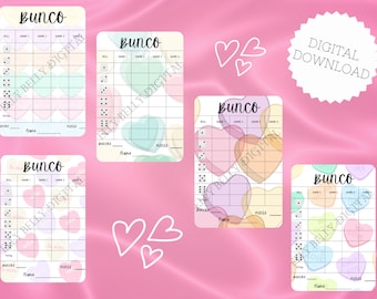 Carte punteggio Bunco di San Valentino, tema caramelle a forma di cuore (PDF stampabile)