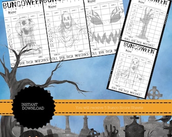 May include: Five printable Halloween-themed Bunco score sheets with a spooky graveyard background. Each sheet has a title "Bungoween" and space for a player's name, game scores, and a total score. The sheets feature a spooky ghost illustration.