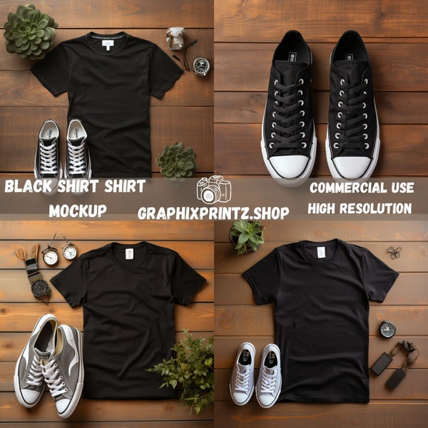 6 Gildan 5000 Heavy Cotton Black T-Shirt Mockup Bundle Short Sleeves Flat Lay Tee Shirt Mock 2 Shoes mock up High Resolution 300dpi JPG