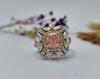 Fancy Vivid Pink Diamond Ring in 18K Yellow Gold • 2.10ct Lab-Grown Center • Pink & White Diamond Floral Halo • Statement Cocktail Ring