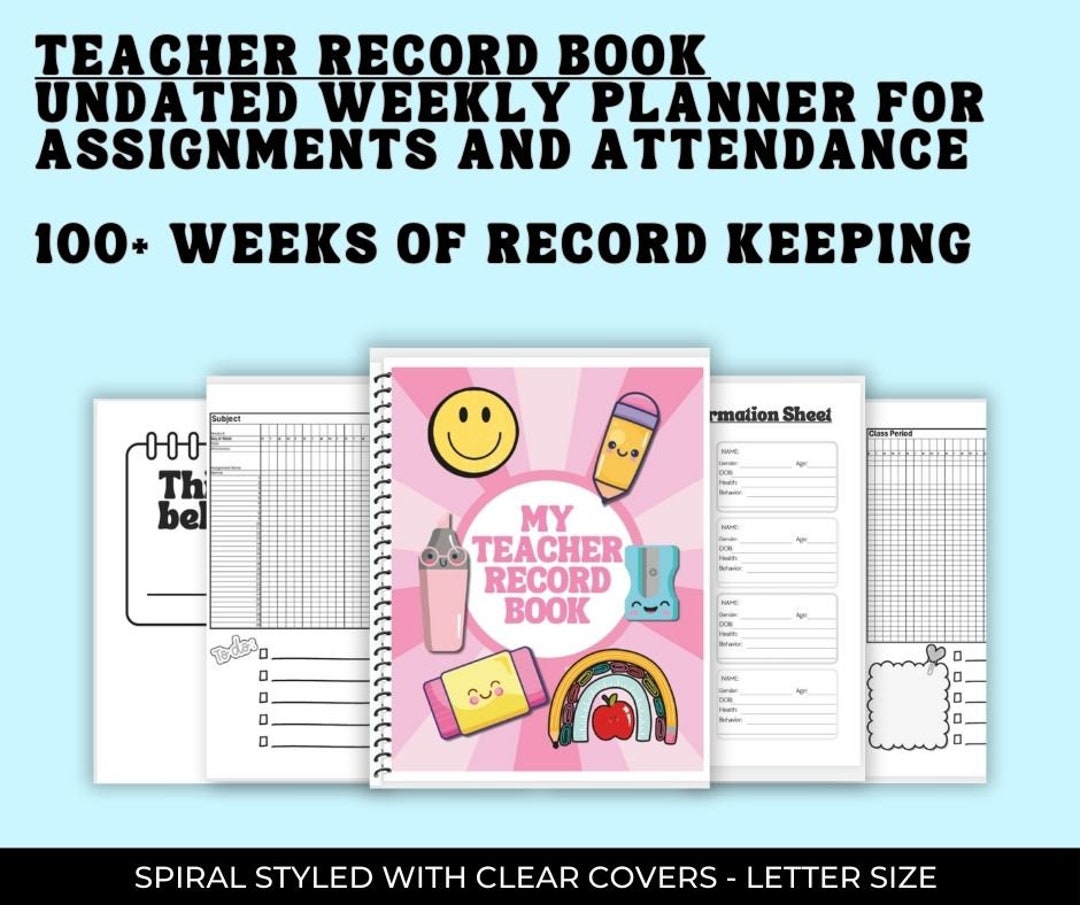 Teacher Record Book, Teacher Grade Book- Groovy Pink Themed- Spiral With Clear Covers - Weekly ...