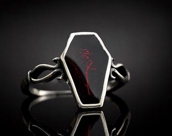 Black Coffin Rose Ring | Stainless Steel Gothic Red Engraved Stone Ring Dark Jewelry