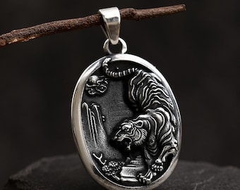 Engraved Tiger Medallion Pendant | Oxidized Sterling Silver, Power Symbol Jewelry
