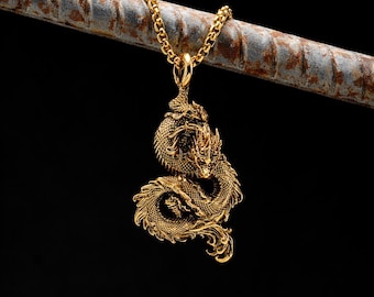 Gold Dragon Necklace | Stainless Steel Pendant Chain Mythical Statement Jewellery