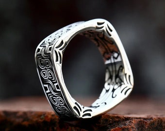Square Totem Ring | Engraved Stainless Steel Mens Band Retro Tribal Style